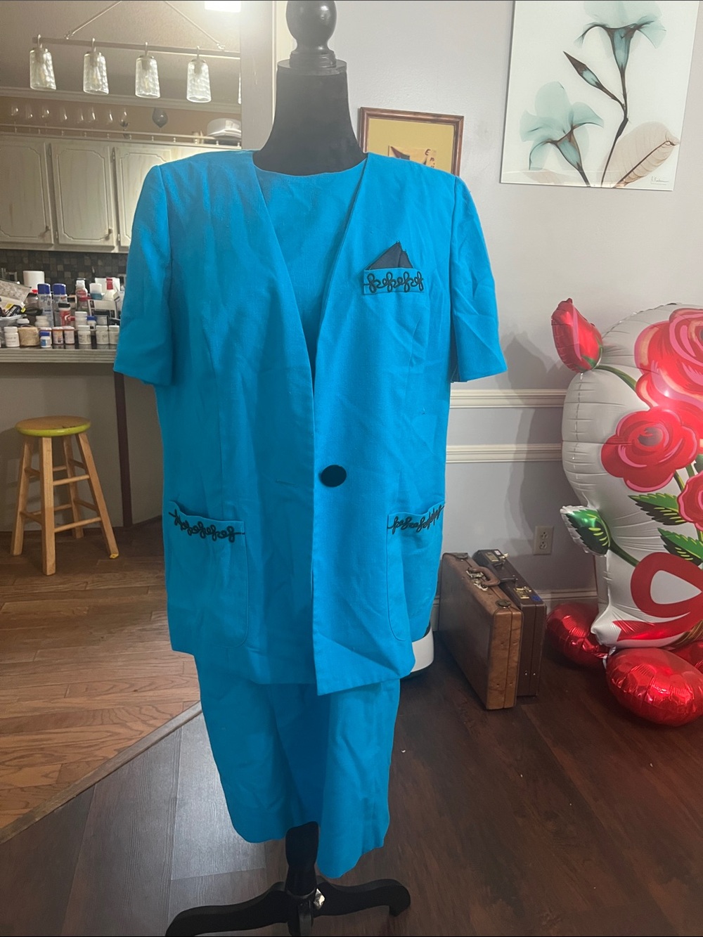 Leslie Fay Turquoise Short Dress Set with Embroidered Trim